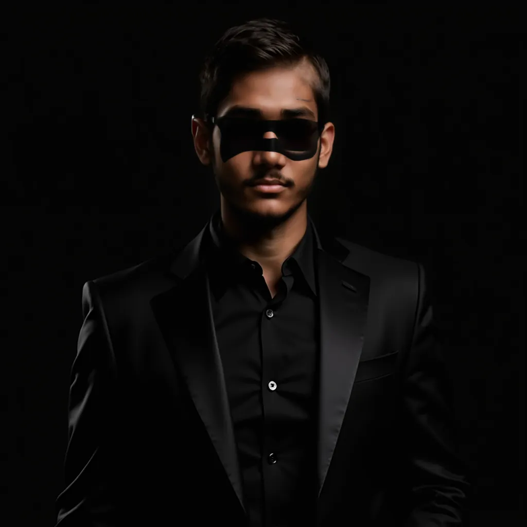 18 years old skinny man, A confident man wearing a black suit with a satin finish, paired with a dark shirt and black sunglasses. He has a neatly trimmed mustache and short, textured hair. The background is deep black, enhancing the sleek and mysterious ae...