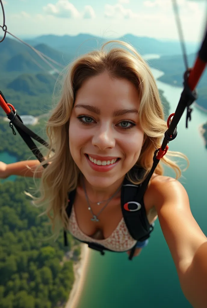 Beautiful girl with long wavy medium blonde hair, green eyes, Paragliding taking a selfie from above realistic photo masterpiece 8k 