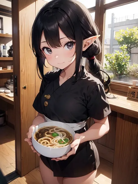 High resolution,  8K Ultra HD, ((ink and painting)), J((one girl elf)), inside a Japanese soba restaurant. An elf girl, ((Black semi long hair, Hairstyle like Astro Boy, black eyes)), she is carrying a small bowl of wide udon noodles on a tray. There is no...