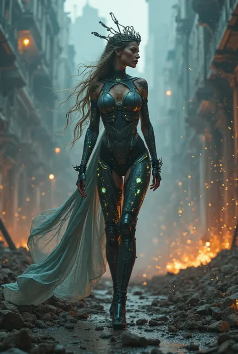 A stunningly beautiful legendary elven-cyborg queen, with very fit curvaceous body emerges from the ruins of a fallen cyber-city, her glowing bioluminescent tattoos illuminating the smoke-filled streets. Her mechanical arm hums with pulsating energy, and a...