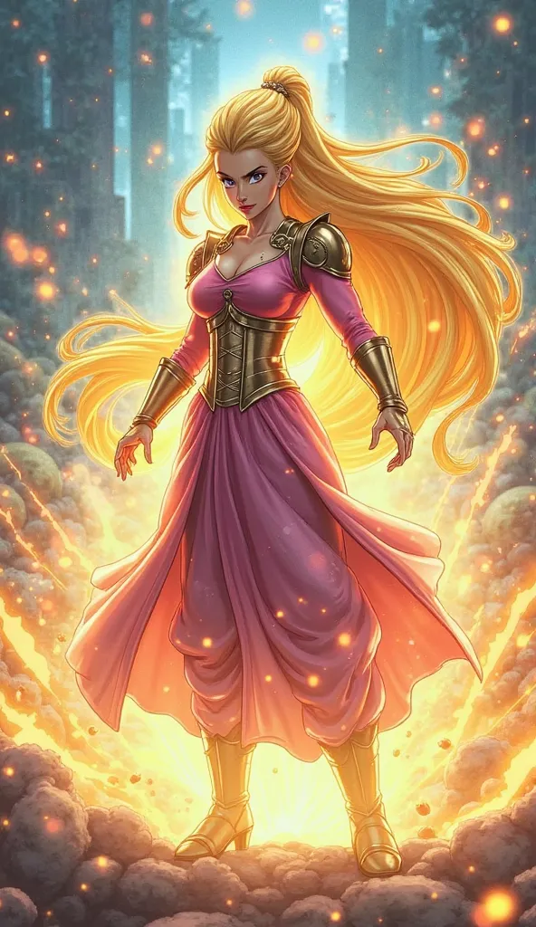 Prompt - Vegunzel: The Fusion of Vegeta and Rapunzel launching the Hameha

Imagine a merger between Vegeta and Rapunzel, resulting in Vegunzel, a warrior who mixes the Saiyan force with the grace and magic of Rapunzel. She looks like Rapunzel, with her lon...