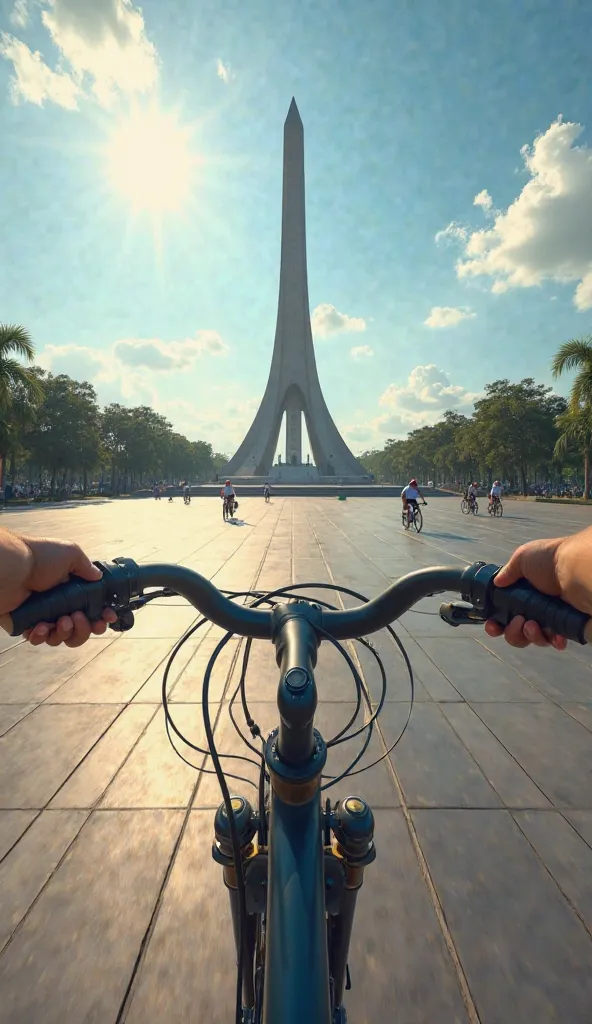 "A highly realistic first-person POV of riding a bicycle around the National Monument (Monas) in Jakarta, Indonesia. The scene captures the wide, open plaza with the iconic towering Monas in the background. The smooth pavement reflects the warm glow of the...