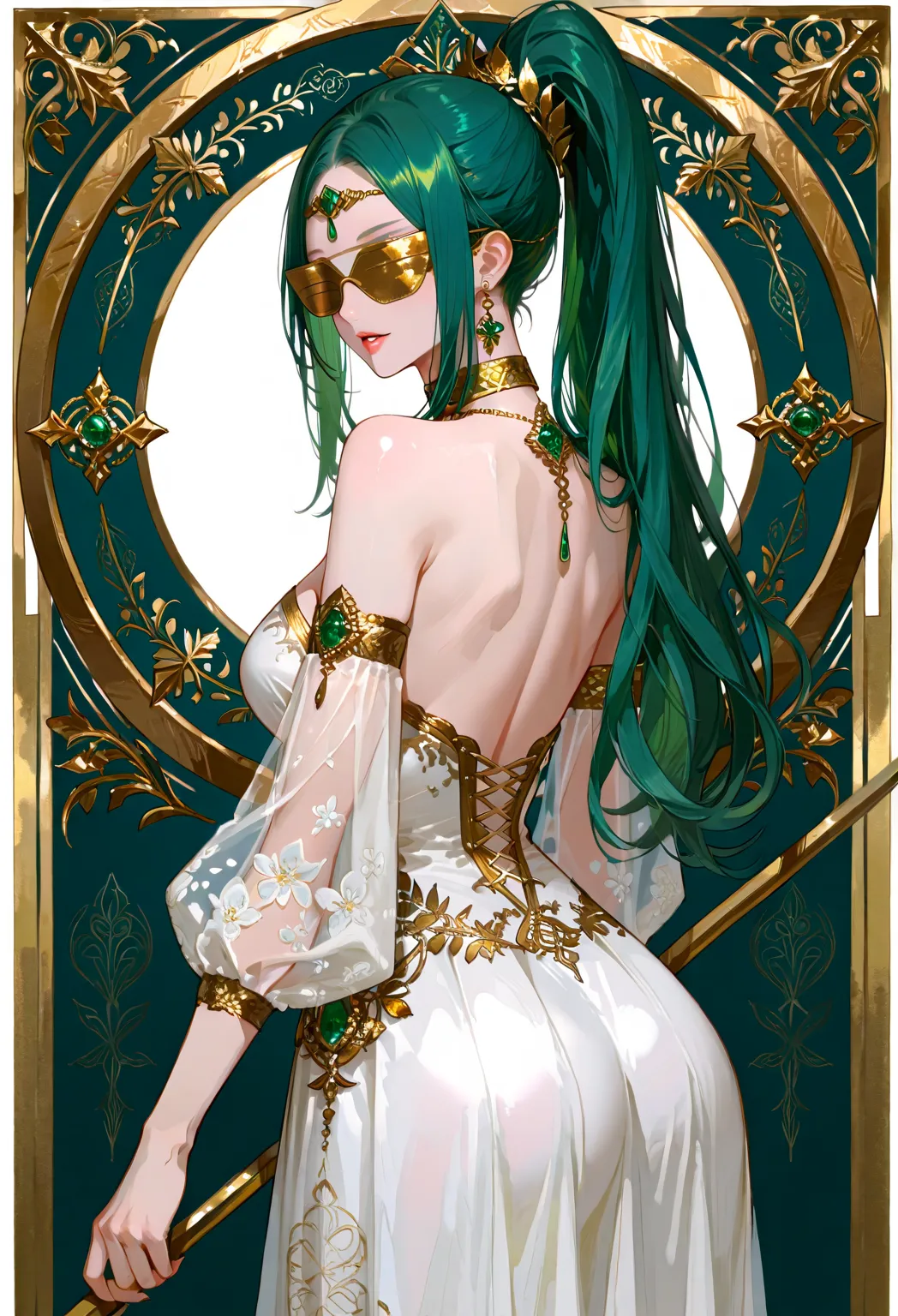 The hair is still tied in a high ponytail,  and dark green color , secured with a gold ornament that matches her clothes. Her expression remains strong and decisive, with its sharp and slightly challenging look, with a super perfect and round butt that mak...