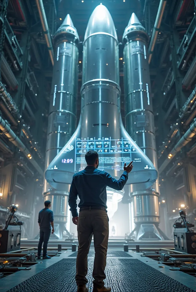 An ultra-realistic POV image of me standing in front of a colossal rocket during a live demonstration. My hands are raised, adjusting a holographic control panel, while my legs are planted firmly on a futuristic metal platform. The rocket’s sleek metal sur...