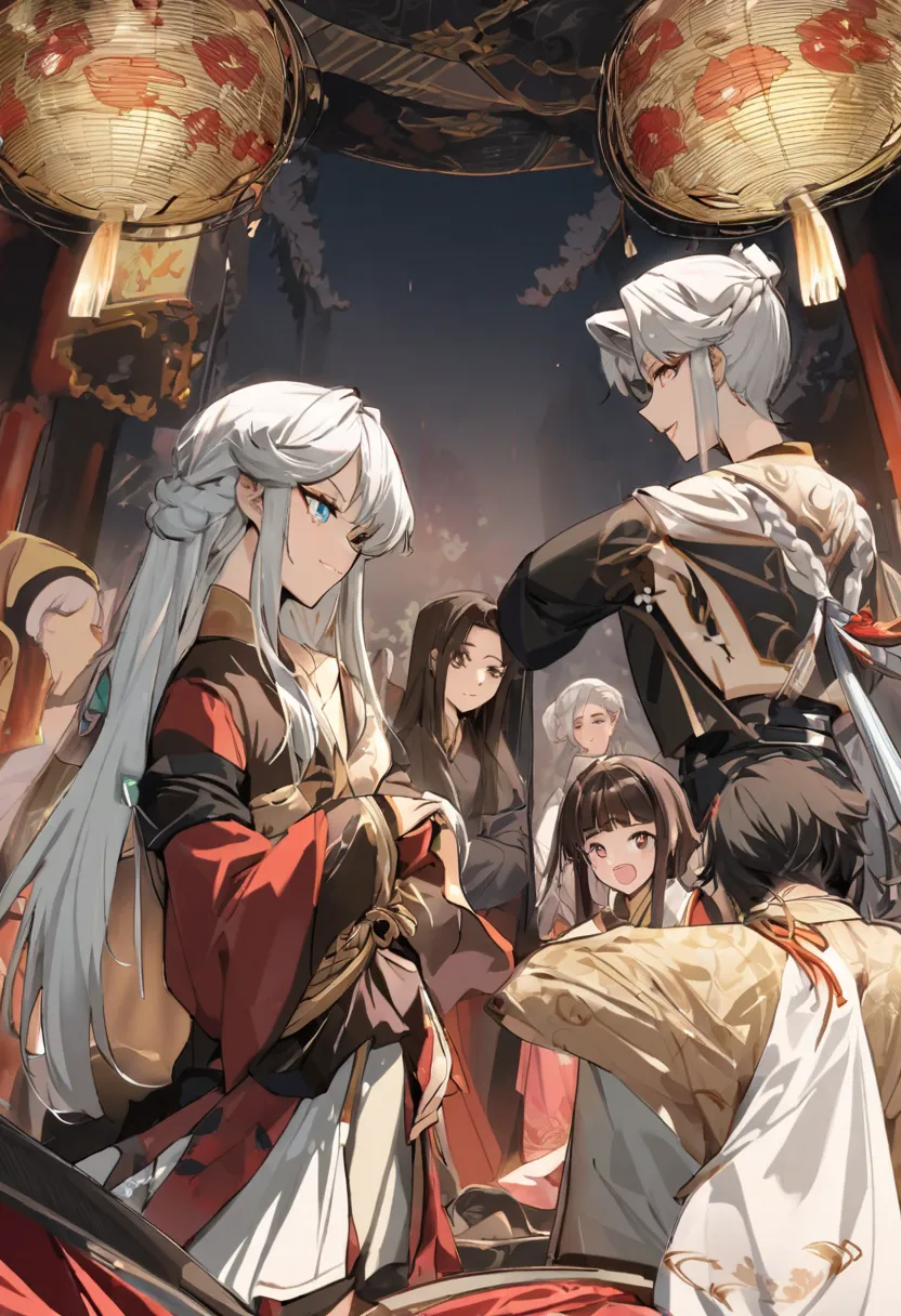 Give me a male cultivator lead surrounded by four beautiful female Disciples manhua style, the male lead is handsome, in Taoist robe