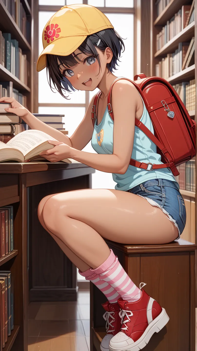  Japanese anime　R18、Realistic、Library bookshelf、 black hair、super very short hair、 elementary school girls,、There is only one woman、 very short、one woman、Super sunburn、Super Brown Skin 、black gal、blushes、ecstatic face、flat-chest、 small tits、Big Butts　Naked...