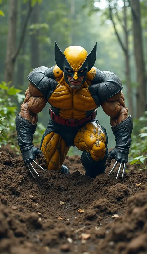 wolverine with his x men uniform buried, just with his arms and 
its sharp claws out of the earth, in the background a forest