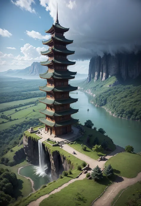 aerial view of a waterfall with a pagoda and a waterfall in the background, fantasy matte painting，, stage art,  game art matte paint , Matte illustration painting , dota!  conceptual art of matte painting, dota  conceptual art of matte painting, 2. 5 d cg...