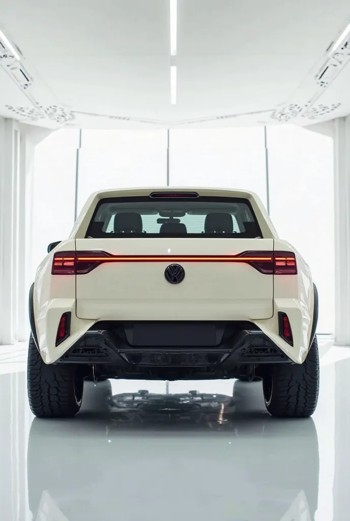 A , futuristic (back)( Volkswagen amarok reveal) takes center stage in a luxury white showroom. The vibrant (creame color) exterior gleams, drawing attention to its sleek, aerodynamic design and bold accents.  The ( back) view showcases the cutting-edge in...