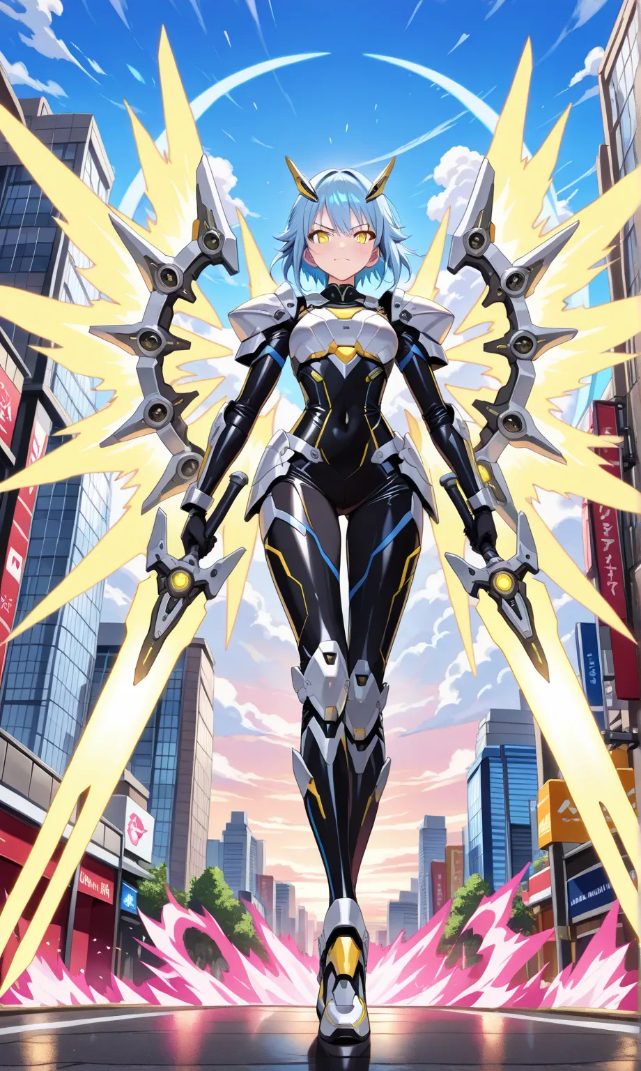 (((Masterpiece, best quality, 16k))) female character with short blue hair and glowing yellow eyes. She wears a futuristic armor in metallic silver, red, and black. wields dual energy swords. The character has a confident expression, with a high-tech citys...