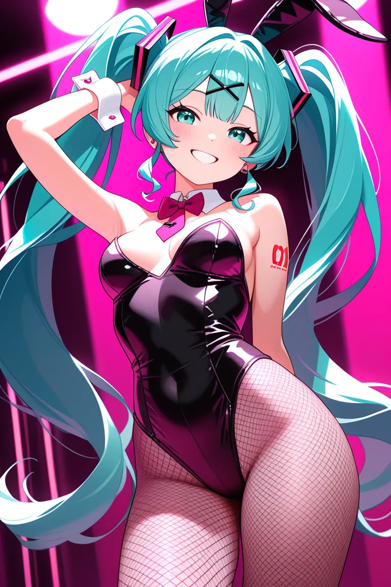 1 girl, vocaloid , Hatsune Miku,turquoise long twin tails,bunny girl, fishnet tights, sexy,Beautiful Girl,cute,smile,Beautiful breasts, rabbit hole , sexy