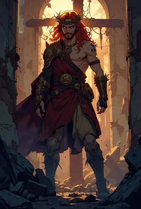 30-year-old warrior in the style of a video game, his eyes with purple pupils with a look that mixes confusion and euphoria and malice, dressed as a Greek God, his long red hair wearing a crown of thorns, his hands and feet have piercings from someone who ...