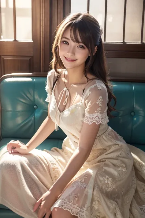 Japanese models wear gorgeous clothes、 is sitting on the couch,in a see-through dress、looking at the camera、 beautiful eyes in every detail 、 cute smile up to the knee、 Gentle and gentle expression  