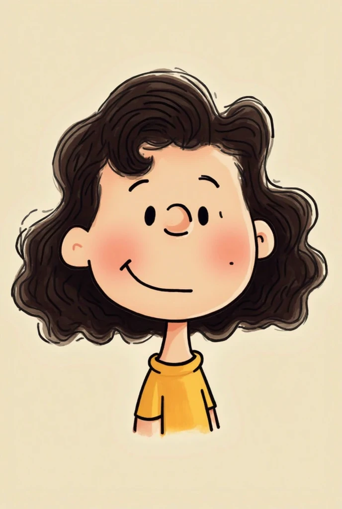 Create me in feminine Peanuts characters, I have curly hair a bit wavy, Just a little bit and I have a sign on the right side of my face in the middle of my cheek and it's small