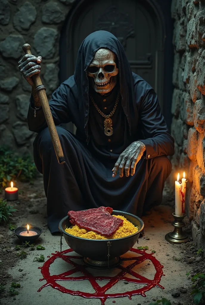 Nanny Caveira, Exu de Quimbanda in a black cemetery holding a sickle in his hand, Catacomb and candles in circles, the cemetery looks like a garden with grass and land. It's nighttime and he's sitting in a catacomb looking at an offering (this offering is ...