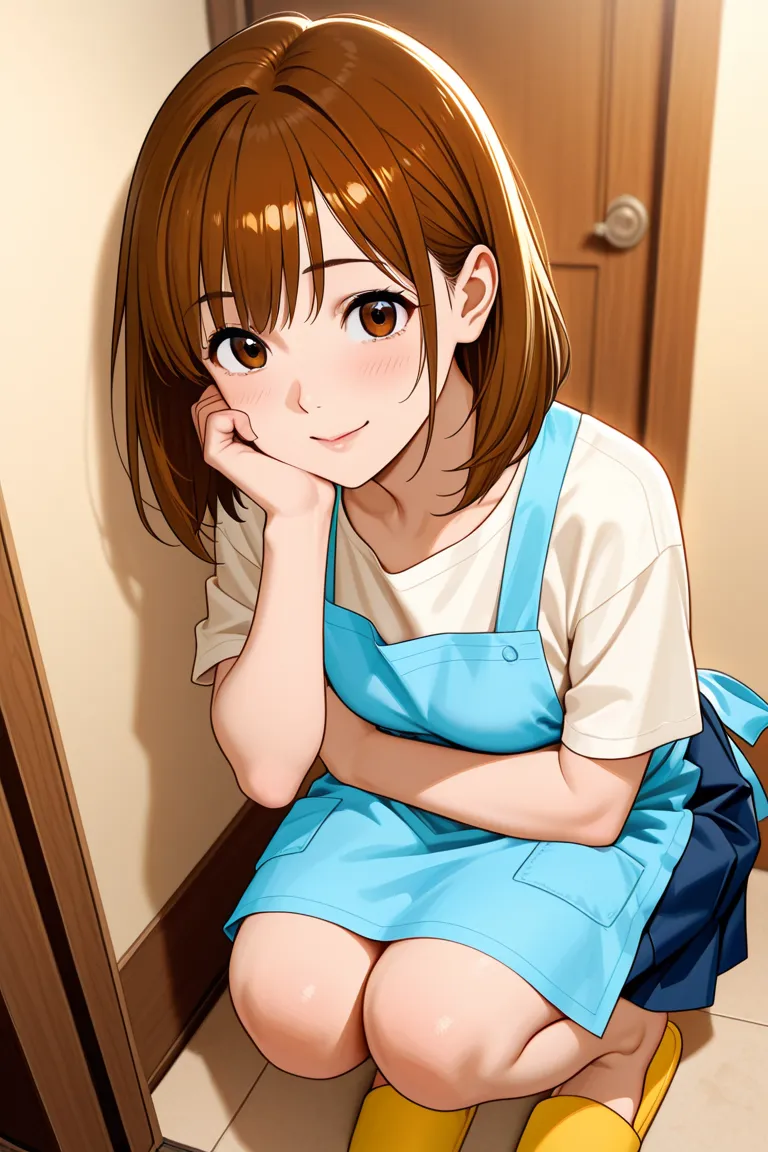 Stylish Japanese woman in her 30s,  shoulder-length hair , brown hair, brown eyes, white shirt, apron, blue skirt with a length below the knee, Barefoot yellow slippers, anime style,