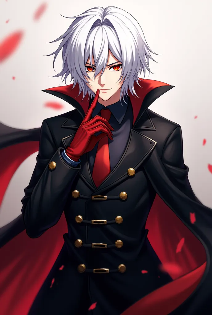 a man with white hair wearing a black coat and red gloves, male android, johan liebert mixed with dante, intense white hair, hyacinthe rigaurd, killy from blame!, male anime character, official character art, white haired, official character illustration, ...