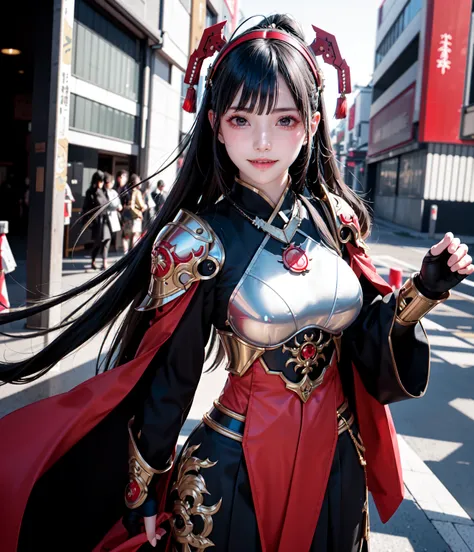 1 japanese girl ,full body,Battle Armor, Intricate Pattern, heavy metal, Energy Line, faceless, shining eyes, elegant,  intense, bloody red and black uniform, Alone, 【Contemporary, city, That&#39;s right.,  Dark Clouds , thunderstorm, Heavy Rain,, Dramatic...