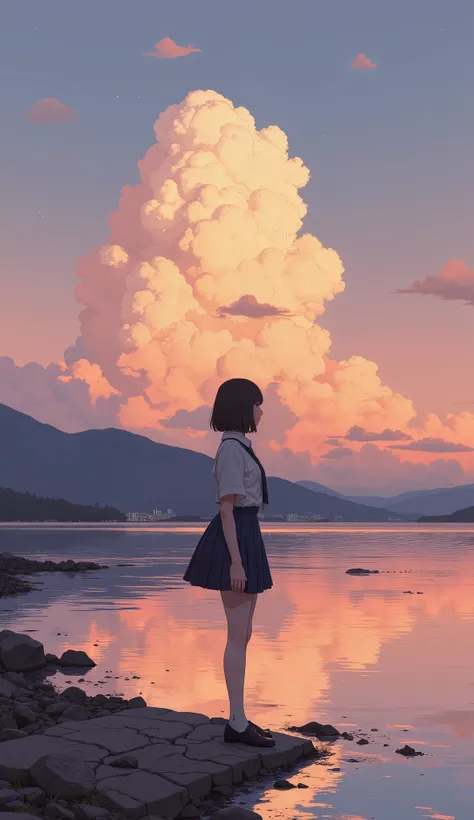 (surreal),(best quality), (masterpiece), beautiful girl, girl standing on the breakwater and looking at me, Backlit Silhouette , put your hands on your lower back, open your legs, Japanese high school girl wearing uniform, 1 cloud floating in the sunset s...