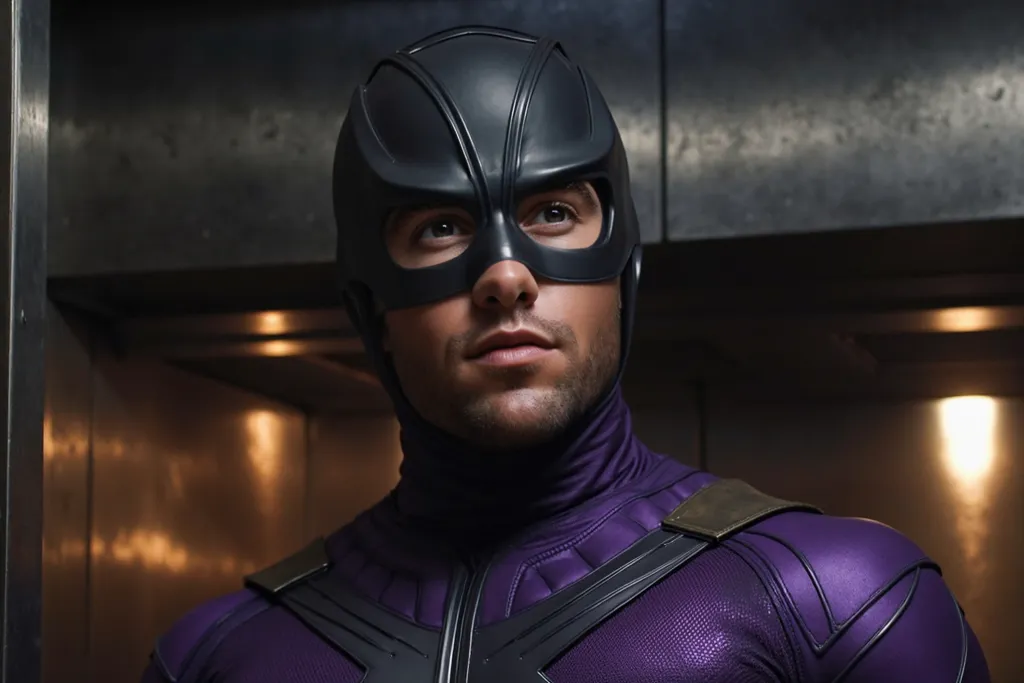 Charlie Hunnam, a masked superhero with a very long hair, in a dark and smoky cave at night. Clad in a sleek, purple body-hugging lycra costume with a matte finish, his defined muscles and muscular arms are on full display. The costume features a purple co...