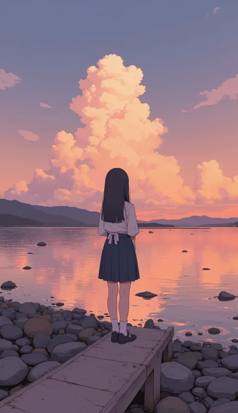 (surreal),(best quality), (masterpiece), beautiful girl, girl standing on the breakwater and looking at me, Backlit Silhouette , put your hands on your lower back, open your legs, Japanese high school girl wearing uniform, 1 cloud floating in the sunset s...