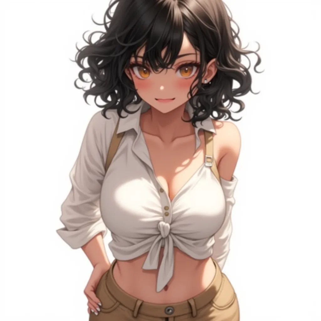  A woman, with black hair, Curly with loose locks, with a serious look, with a thin blouse,  with thin straps ,  White , showing the belly sample, light brown pants, showing the straps of her panties@, the woman has brown eyes, and black skin, big boobs, i...