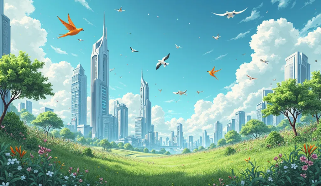 Frutiger aero bubble wallpaper with green grass trees blue sky with beautiful clouds and futuristic buildings, beautiful birds flying a very colorful and lively photo