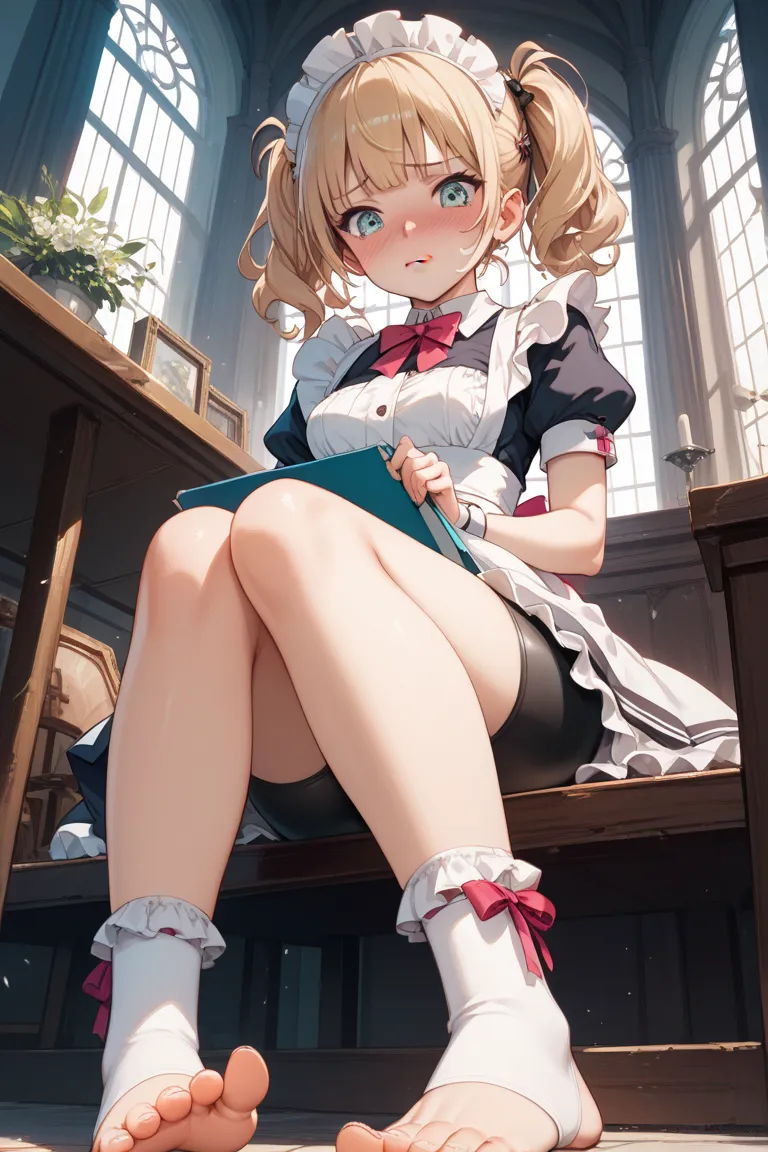 1 girl、Maid、is sitting、frill socks、 from below、 Ashikiri、embarrassing、bike shorts、 puffy lips、toeless legwear、Cross Race Legwear、masterpiece、Highest quality、uncorrected