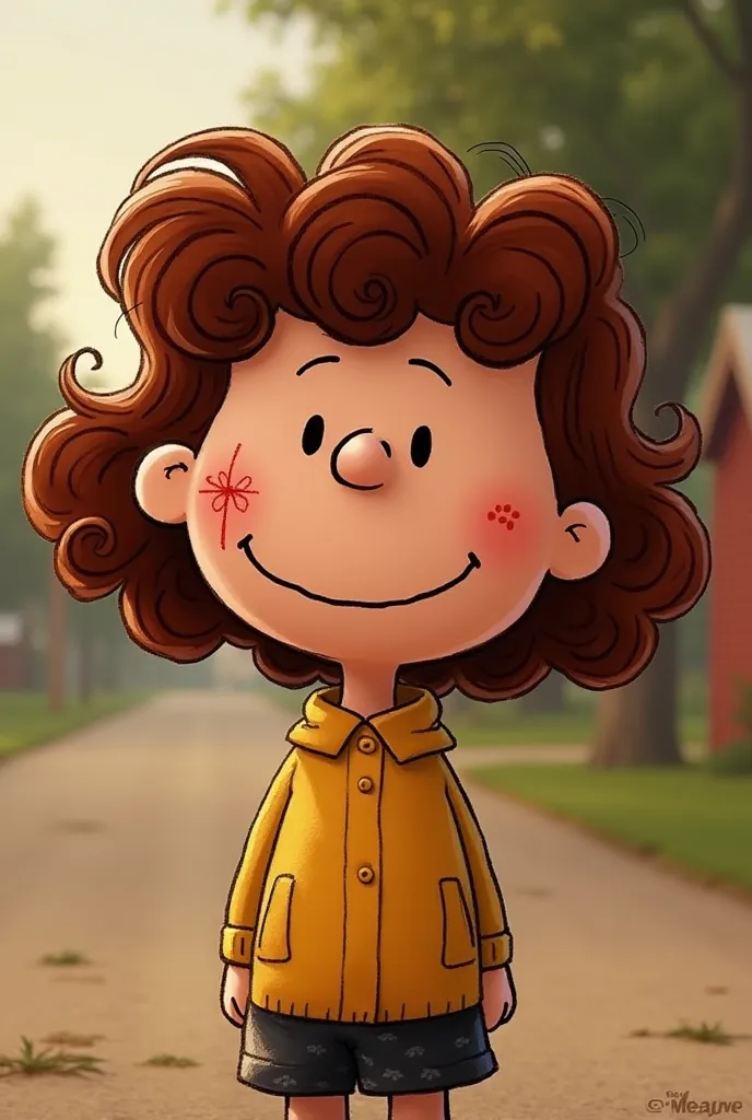 Create me in female characters from Peanuts, I have curly dark red hair a bit wavy, Just a little bit and I have a sign on the right side of my face in the middle of my cheek and it's small
