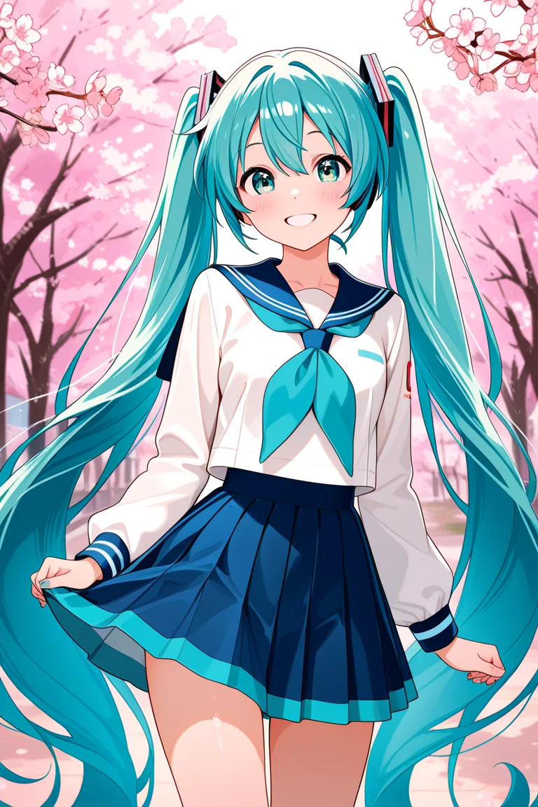 1 girl,Beautiful Girl,cute,smile, vocaloid , Hatsune Miku,miniskirt,sailor suit,high school girl