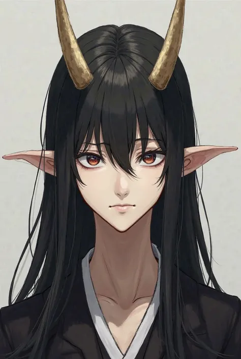 Tall male. Ethnicity is japanese. Well built but not bulky. Veryyy thin downturned eyes with very small pupils. Serious. Long, straight black hair with short bangs. Is half oni so had two very large, straight horns coming out of his forehead that are the s...