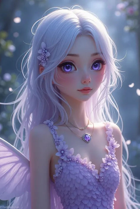 Floria has a radiant, ethereal look, with her pale skin glowing faintly in the moonlight. Her hair is a mix of silvery lavender and soft, misty blue, and it seems to shimmer like a soft dew-covered cobweb. It’s long and wispy, usually floating just above h...