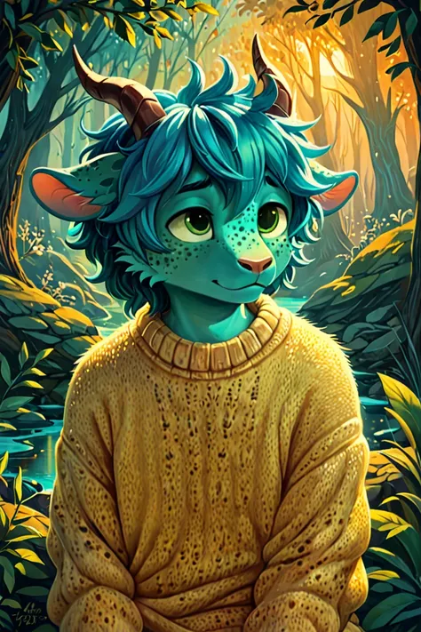 22 years old, male, Seafoam teal skin, cute, animal ears, cyan blue hair, green freckles, boyish face, furry, mammalian, yellow sweater, horns