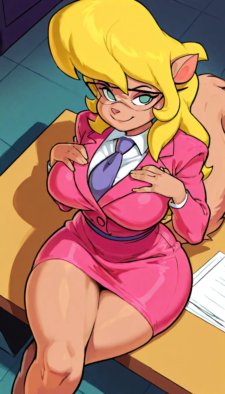 callie briggs, callie briggs, solo, 1girl, callie briggs, pink suit, pink skirt, blonde hair, closed mouth, smile,  necktie, cat girl, glasses, large breasts, sitting, on desk, crossed legs, office, Big ass, thick legs, Furry girls, Blonde tail, above view...