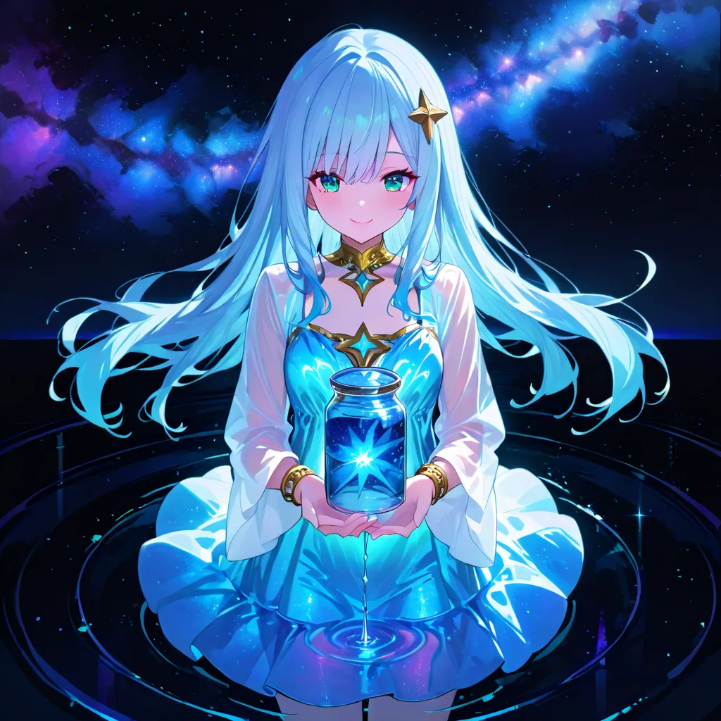 1 girl, solo, Aquarius, light blue hair, long hair, star hair pin, aqua eyes, smile, closed mouth, ((water dress, rippling, dripping, )), see-through sleeves, long sleeves, wide sleeves, gold bangles, gold decoration, holding a water jar, cowboy shot, dark...