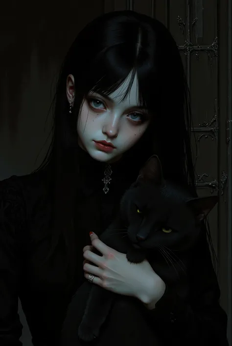 An Emo Girl，Holding a black cat in his hand, Delicate face, Dark Makeup, Emotional expression, Black clothes, Dark background, Chiaroscuro lighting, Movie, dramatic, Moody, Digital Painting