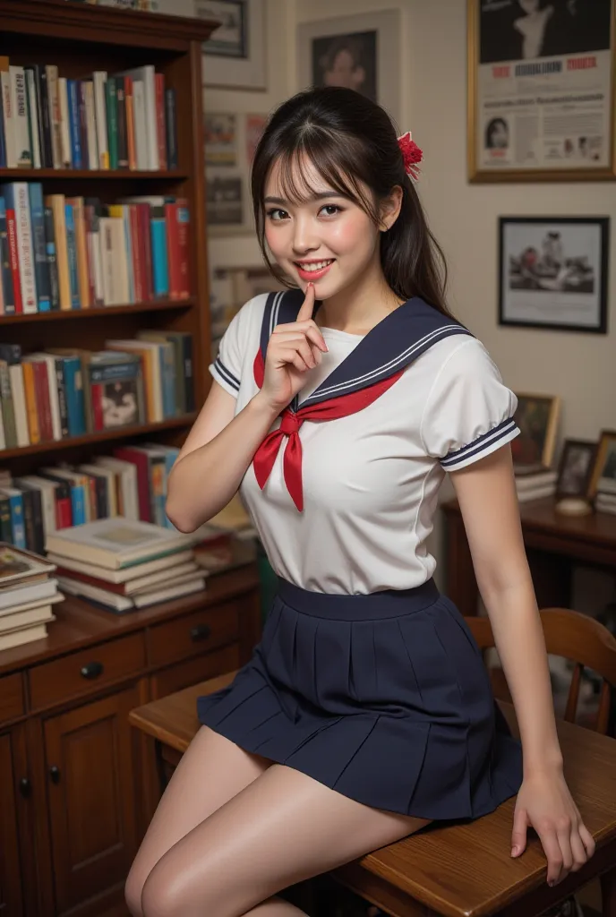 A young woman with delicate features, wearing a classic Japanese sailor-style school uniform with a navy blue skirt, white blouse, and red ribbon. Her long, dark hair is tied back with a sheer ribbon, and she has a warm, inviting smile, The subject is sitt...