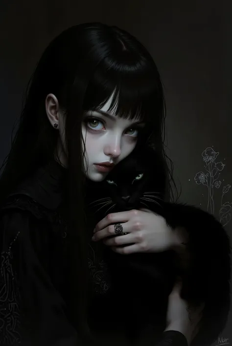 An Emo Girl，Holding a black cat in his hand, Delicate face, Dark Makeup, Emotional expression, Black clothes, Dark background, Chiaroscuro lighting, Movie, dramatic, Moody, Digital Painting