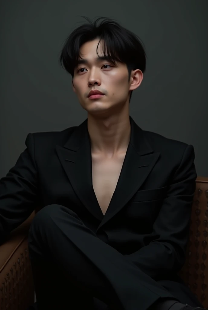 HE'S SITTING IN A CROSS-LEGGED CHAIR WEARING AN ELEGANT BLACK SUIT. 