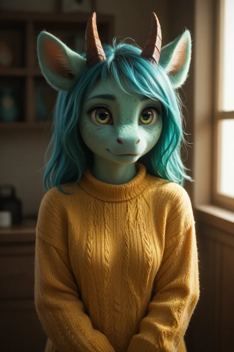 22 years old, male, Seafoam teal skin, cute, animal ears, cyan blue hair, green freckles, boyish face, furry, mammalian, yellow sweater, horns