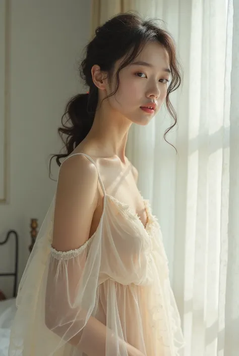 young girl, Asia, wear transparent nightgowns,  orthogonal angle ,  full body photo