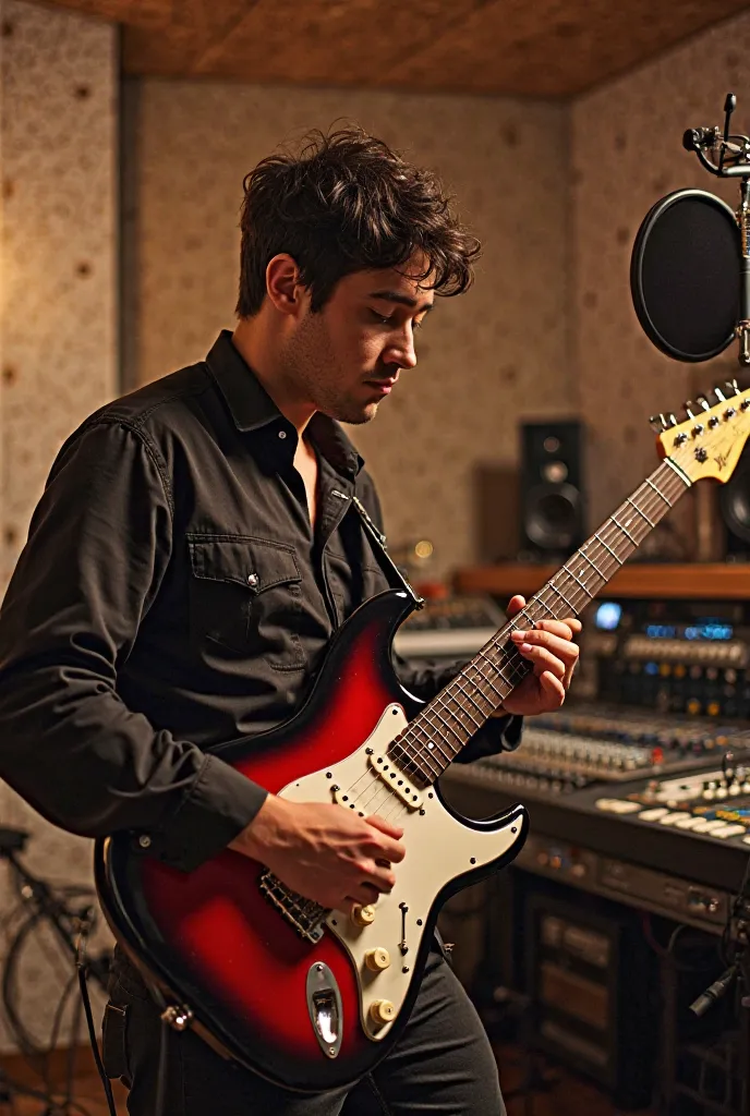 Image of the same New Zealand guitarist from Tagima's black stratocaster guitar with red shield, at a studio in Australia, Us in 1983 when he was 23 years old