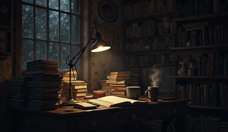 a dimly lit desk with books, a laptop, and a coffee cup, symbolizing late-night hard work and determination