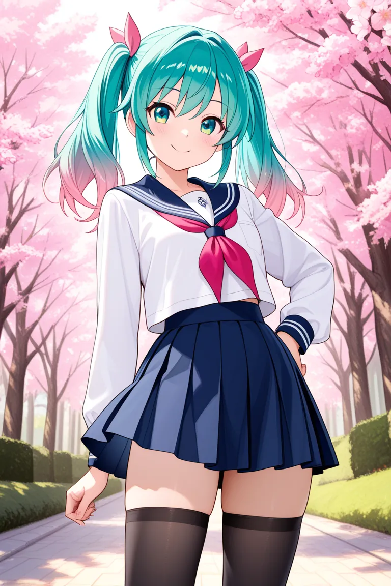 1 girl,Beautiful Girl,cute,smile, vocaloid , Hatsune Miku,miniskirt,sailor suit,high school girl, sexy