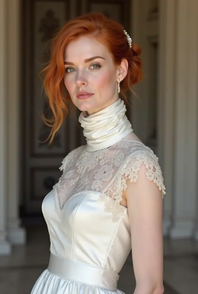 A beautiful red-haired woman with an extremely long neck. She wears a wedding dress ,  completely white, with a tight high collar, corrugated , that wraps around and covers her entire long neck. The fabric of the dress is made of delicate lace and satin, n...