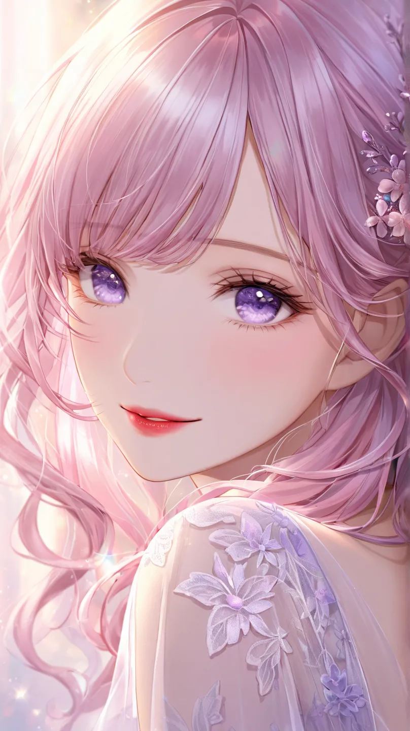 (Extreme close-up, Face-focused portrait)Beautiful girl, ultra-fine see-through bangs, soft wavy hair, pastel purple and pink hair, gentle and serene smile, translucent blue-purple eyes, semi-realistic smooth skin, slightly red lips, dreamy and warm atmosp...