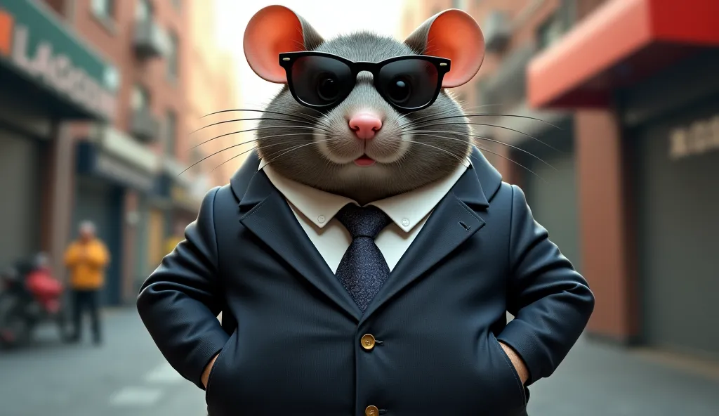 A fat rat with dark glasses, in a suit