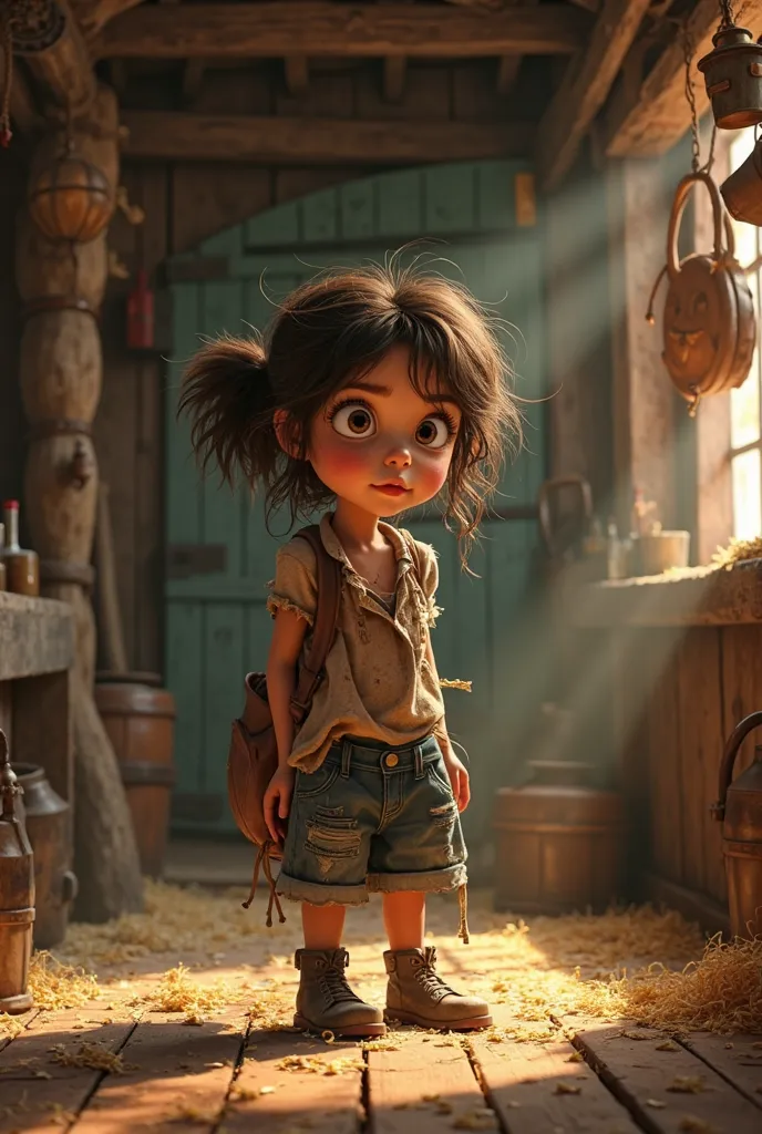 Une taverne  ,un petite fille vagabond ivre  , vêtements en lambeaux , déchiré,sale , drôle humour pixar corps entier decor une écurie 