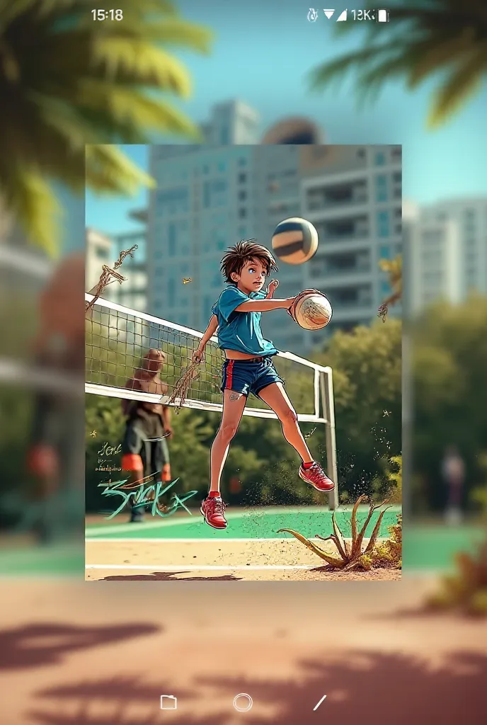 The boy in the photo playing volleyball