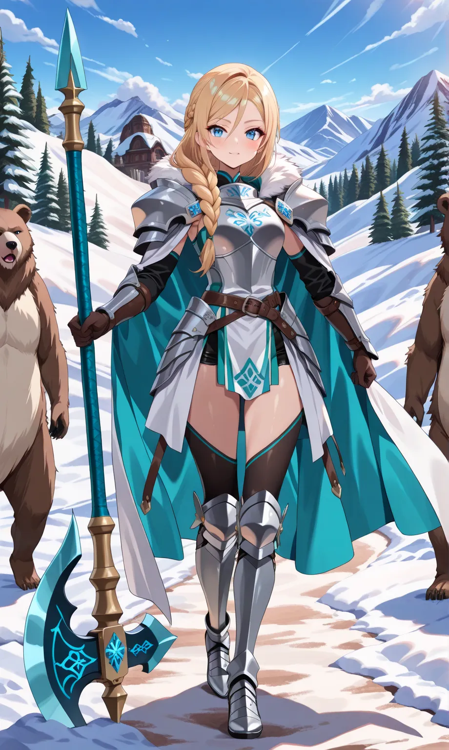 (((masterpiece, best quality, high detailed, 16k))) (1girl) A fierce and stoic Nordic warrior with long, braided blonde hair and icy blue eyes. She wears heavy armor adorned with intricate engravings and symbols of her clan, combined with animal pelts that...